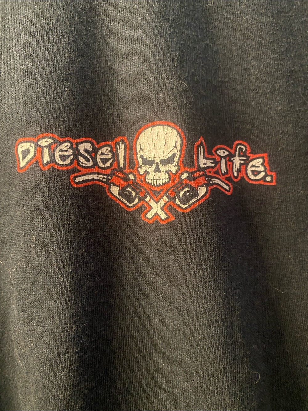 Gildan Black Tee with White Skull and Red Accent "Diesel Life" Graphic